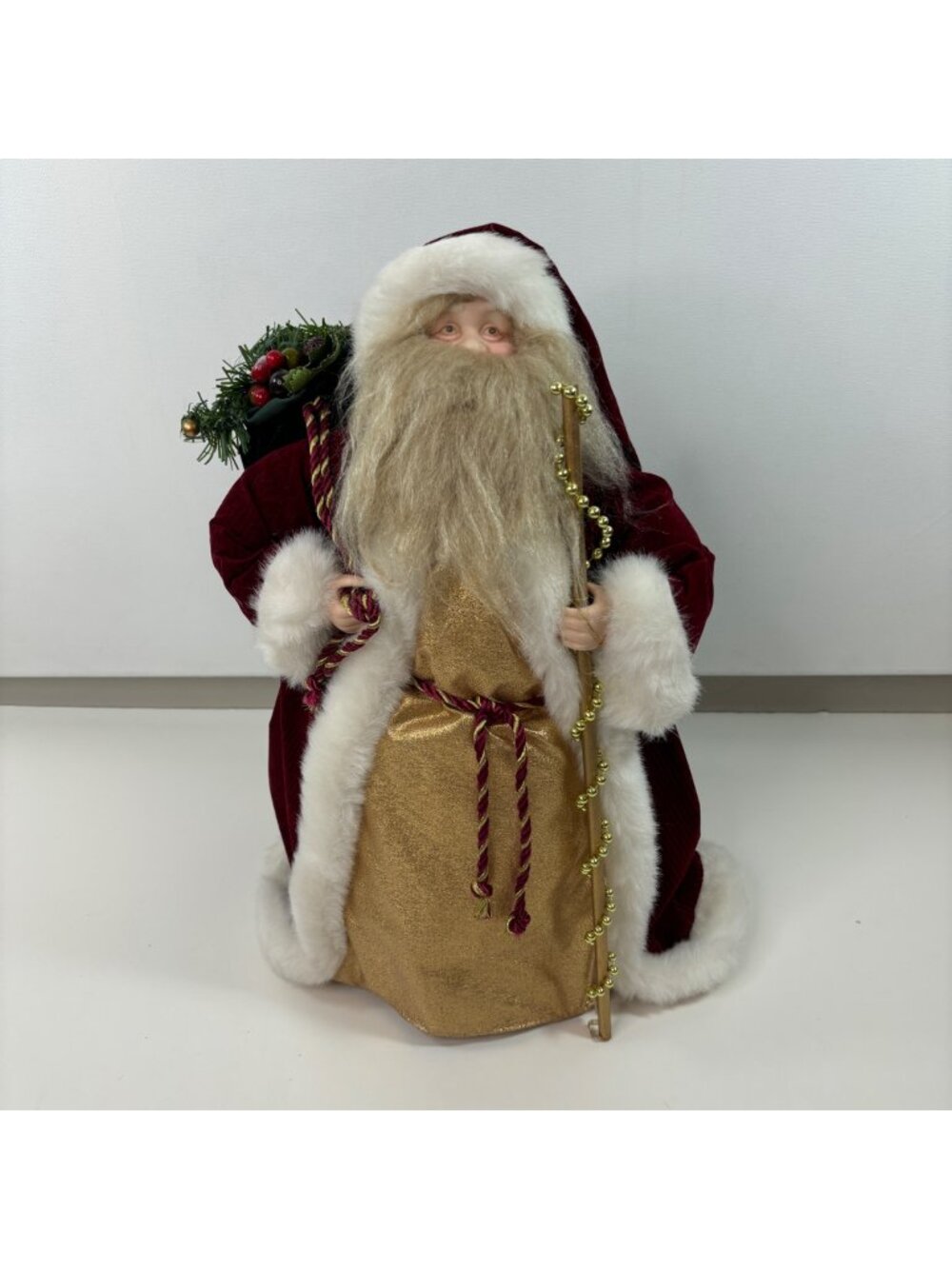 Santa Claus Velvet & Fur Holiday Figurine With Staff & Sack Of Gifts